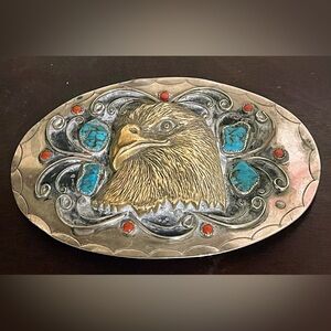 Huge Vintage Silver Eagle  with Turquoise and Red Coral Belt Buckle